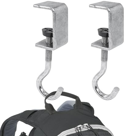 Zayin 2 Pack Desk Bag Holder Schoolbag Hooks Headphone Hanger Stand, Adjustable Metal Under Desk Clamp Hook Mount for Portable Bag Gaming Headphones Clothes Table Hook, Save Space(Silver 2pcs)