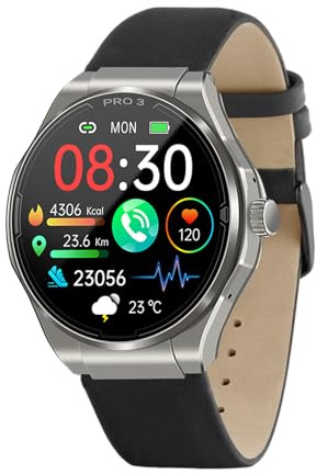Knauermann PRO 3 (2024) Silber - Gesundheitsuhr Smartwatch mit Telefoniefunktion - EKG + HRV und SOS Funktion - AMOLED Display- BT Bluetooth - Schlafapnoe - Echtlederband Schwarz, 14-24, rund