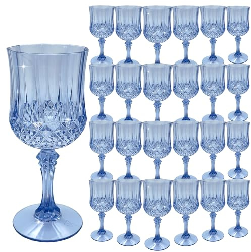 LEYIQU Copas de vino de plástico, copas de plástico estilo vintage, copas cordiales para recepción de boda, suministros de fiesta de gran evento (24, azul)