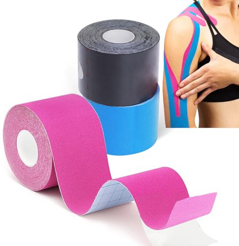 Grunda- kinesio tape 3 Rollos 5 m x 5 cm, Impermeable esparadrapo deportivo, transpirable cinta kinesiologica y 7 días de adherencia, Elásticas trans tape, tiras fisioterapia (Negro, Azul, Rosa)