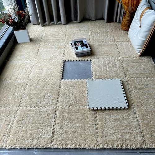HDMOZUYT 30 Stück Flauschige 30,5 x 30,5 cm große Teppichquadrate, ineinander greifende Plüsch-Bodenfliesen, Puzzleteil-Bodenmatte, Puzzlematte für Spielzimmer, Wohnzimmer (Aprikose, 0,39 Zoll)