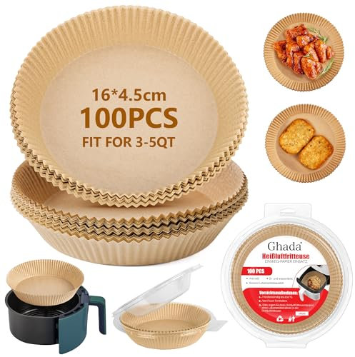 GHADA Lot de 100 feuilles de papier sulfurisé pour friteuse à air chaud M (diamètre 16-20 cm) - Non blanchi, antiadhésif, bord haut - Inserts Airfryer pour 3 à 5 L, jusqu'à 230 °C, résistant à l'eau