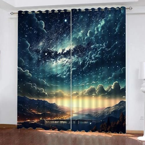 EXSANLIEAY Verdunklungsvorhänge Sternenklarer Himmel, Vorhang Blickdicht Blauer Himmel Vorhänge mit öSen 2er Set für Schlafzimmer Kinderzimmer, Deko Gardinen Wohnzimmer - B140 x H260 cm
