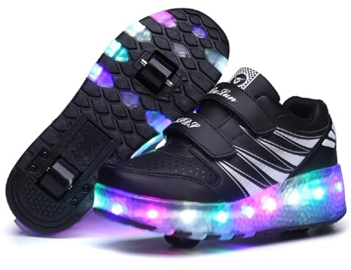 WDRHC Jungen Mädchen Skateboard Schuhe mit LED Blinkend Schuhe mit 2 Rollen Rollen Skate Automatisch Einziehbar Komfort Outdoor Sportschuhe für Kinder Halloween und Weihnachten Geschenk