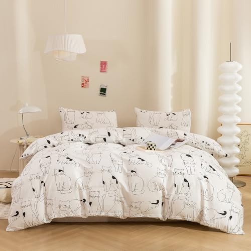 ECOCOTT Duvet Cover King Size, 3 Pcs Cartoon Cats Animal Print Pattern Duvet Cover Set, Super Soft Comforter Quilt Cover with Zipper Closure 4 Ties