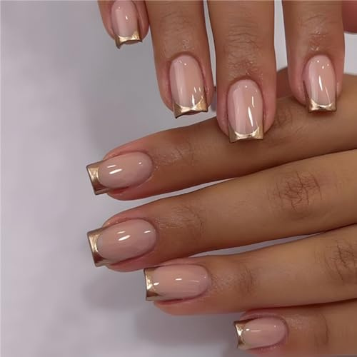 24 Pièces Faux Ongles Courts Français Press on Nails Naturel Ballerine Acrylique Faux Ongles Artificiels Square Faux Ongles à Coller pour Femmes et Filles (Or rose, 24 Pièces)