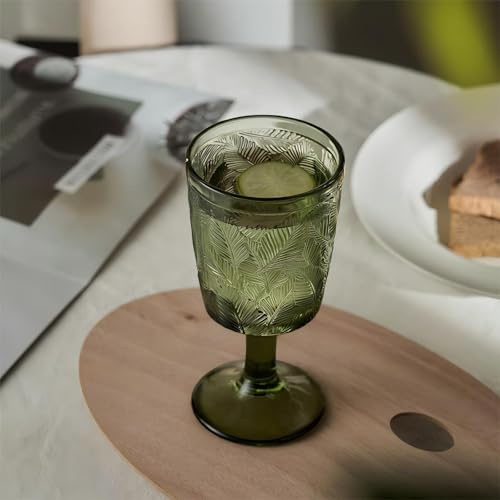 CONSTANCEY Juego de copas de vino de color verde vintage acanaladas en relieve, copas de vino de tallo verde de 13 onzas, juego de copas de champán, cristalería de colores de cristal de 13 onzas para
