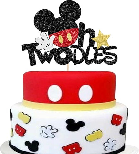 SYKYCTCY 1 Pack Mouse Oh Twodles Birthday Cake Toppers Glitter White Gloves Star Mouse Inspired Second Birthday Cake Pick for Baby Shower Kids Party Cake Decorations Supplies Red