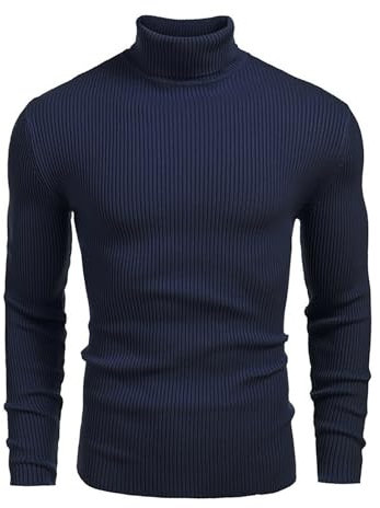 Pull à col roulé côtelé pour homme - Manches longues - Style décontracté - Coupe ajustée - Couleur unie - Basique - Chaud - Col roulé - Doux et confortable - Pour l'hiver, bleu marine, S