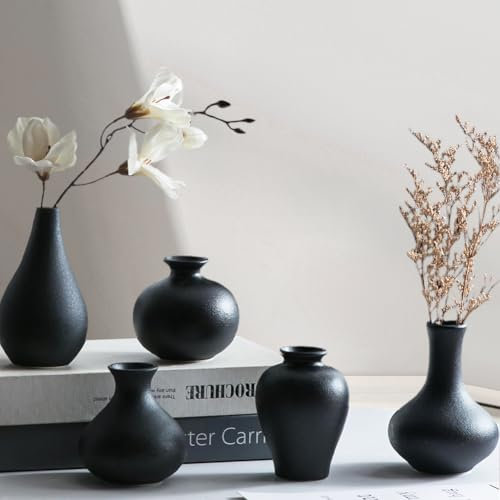 Keramik Vase Schwarz, Vasen Set-5 Kleine Vase Schwarz für Dekor Frische Blumen Pampasgras,Moderne Tischdekoration für Wohnzimmer, Esstisch, Bücherregal und Kaminsims