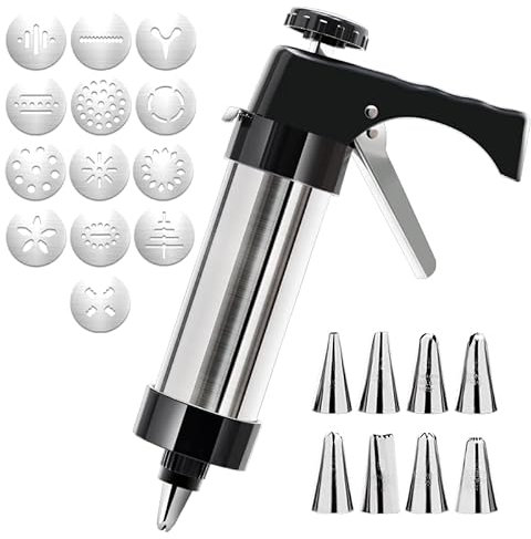 WUETOAYA Cookie Press Set, Cookie Press Gun Kit, Stainless Steel Cookie Maker Machine with 13 Cookie Discs and 8 Icing Piping Nozzle for DIY Biscuit Maker Cake Dessert Making and Decoration.