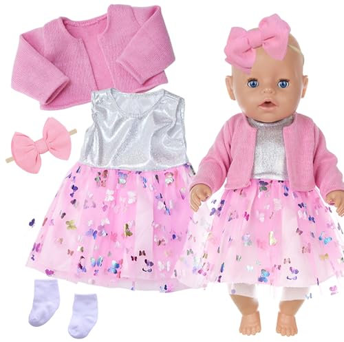 Xerteam Rosa Puppenkleider, Puppenkleidung 43cm 36cm 38cm, Puppenkleid mit Tüll und Schmetterling Strickjacke Socke mit Schleife Stirnband, Süße Puppenkleidung für Mädchengeburtstag