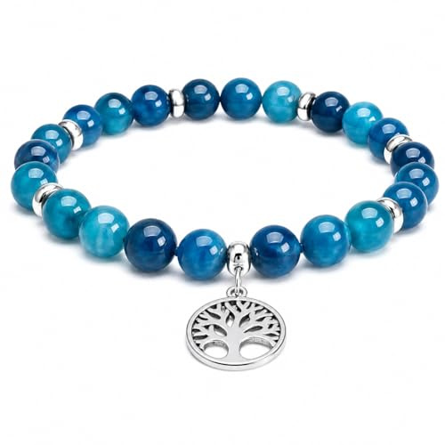 Felicidade Bracelet en Apatite Bleue Pierre Naturelle Perles de taille 8mm avec Charm Arbre de Vie - Bijou Unisexe Élégant Cadeau Femme et Homme Cadeau Anniversaire Spirituel et Raffiné