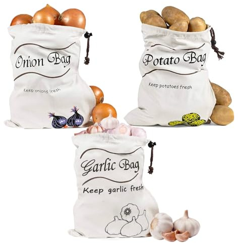 Sacchetti Porta Patate, Cotone Sacchi per Cipolle e Aglio con Cerniera Laterale Sacchi per Patate Borsa per Patate e Cipolle per Conservare Keep Fresh 3 Pz (26 * 35cm)