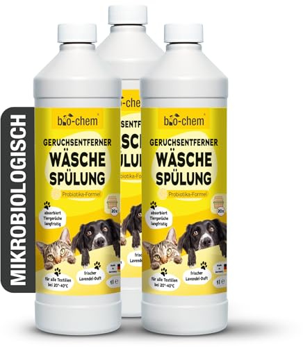 bio-chem Geruchsentferner Wäschespülung 3x 1L | Mikrobiologischer Wäsche-Enzymreiniger mit Messbecher für Textilien, Urin-, Hunde- & Katzengeruch