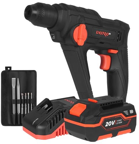 Martillo Perforador a Batería Dnipro-M DHR-200, 20V, 1.5J, Motor con Escobillas, SDS+, 5000 BPM, 900 RPM (Batería BP-240 4 Ah, Cargador FC-230, Juego de Brocas y Cinceles 6 uds.)