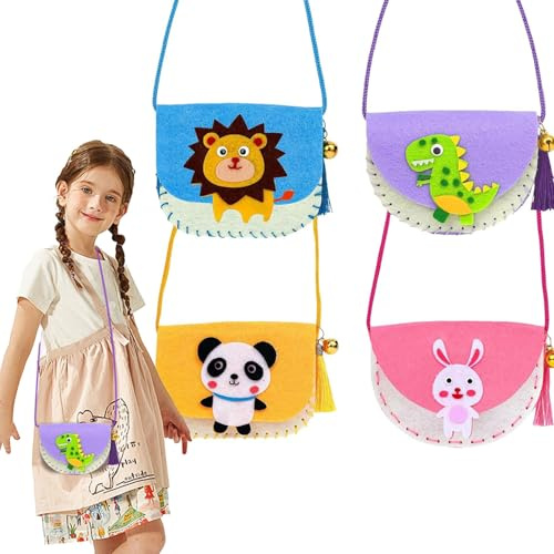 JDCMEI 4 Stück Nähset Sacs DIY Kinder, Nähset für Kinder, Tierformen Filz Bastelset, Nähen Handgefertigte Taschen, DIY Kreativ Geschenk für Kindergeburtstag