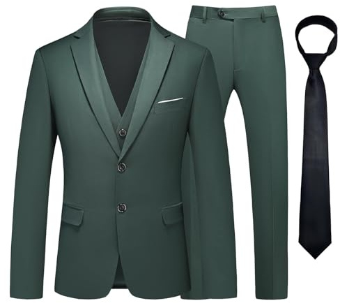 KUDMOL Costume Homme 3 Pièces Mariage d'affaires Slim Fit Smoking à Deux Boutons Blazer Veste et Pantalon Gilet avec Cravate(Vert Foncé,XL)