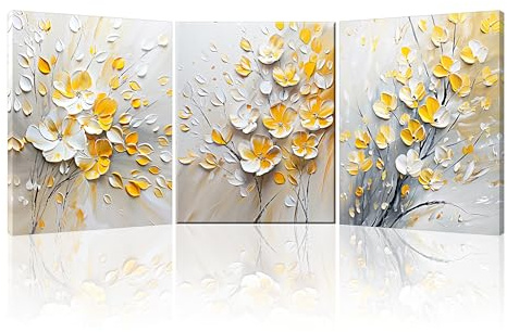 Piy Painting Conjunto De 3 Cuadro En Lienzo Dibujos Flores Modernas Blancas Y Amarillas Flora Imágenes Pintura Con Marco Posters Para Gráfica Decoracion De Pared Dormitorios Cocina Salon 30×40cm