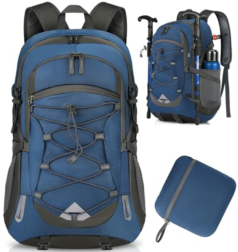 IGOLUMON Vandringsryggsäck 40 L lätt vikbar ryggsäck för män kvinnor hållbar vattentålig dagväska ryggsäck för camping cykling klättring promenader bergsklättrare utomhussport, Marinblått Xsp, 40 Long