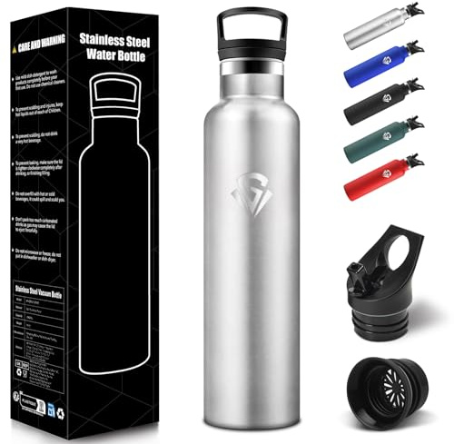 Bouteille Isotherme 1L, étanche sans BPA, Gourde Isotherme, Double Paroi, Gourde Metal, 18/8 Acier Inoxydable, Gourde Inox, avec Paille, Bouteille d'eau pour Sport, Randonnée, Bureau - Inox