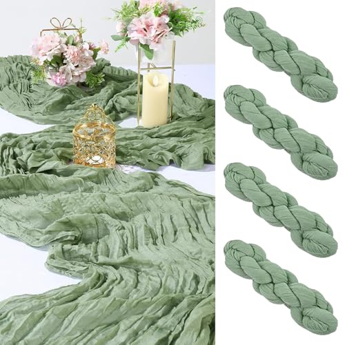 Cinnani 4 Pièces Chemins de Table en étamine en Vert Sauge 90 x 300cm Boho Gaze Etamine à Fromage Chemin de Table de Mariage pour décoration de Table de Mariage, Décoration D'arche de Mariage, Fête