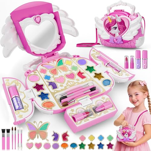 Einhorn Schminkset Spielzeug für 3-12 Mädchen, Ungiftig Abwaschbar Kinderschminke Makeup Set Mit Spiegel & Riemen, DIY Prinzessin Spielzeug Geburtstage Geschenke für Mädchen 3 4 5 6 7 8 9 10 Jahre