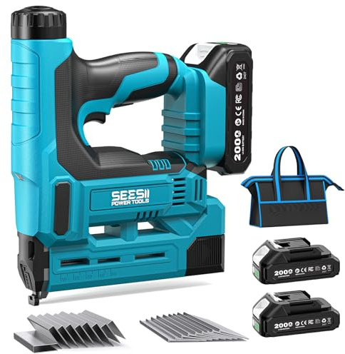 SEESII Brad Nailer - Kit inalámbrico de pistola de clavos de batería de calibre 18 con 2 baterías de 2.0 Ah, grapadora 2 en 1 para carpintería, tapicería
