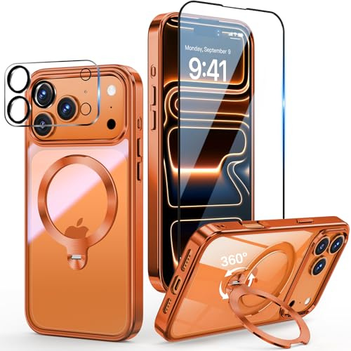 Yoouther 3 in 1 Magnetische Hülle für iPhone 17 Pro 6.3 [360° CD Unsichtbarer Drehständer für MagSafe] [Mit Stück Schutzfolie & Kameraschutz] [Nie Vergilbung] Militärschutz Stoßfest, Orange