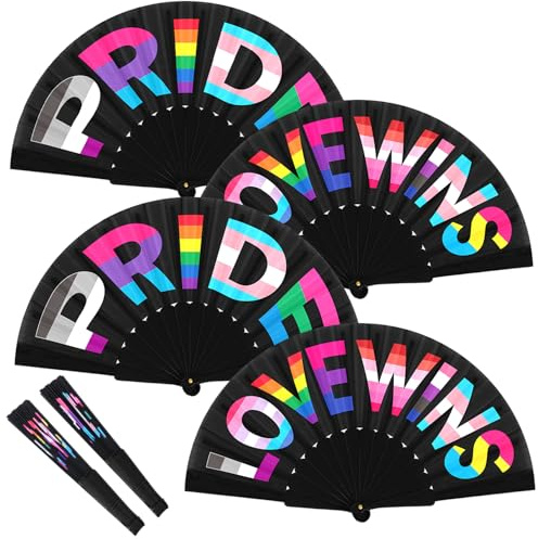 iZoeL 4 Pack Pride Folding Hand Fan Set – LOVE WINS Rainbow Fans, Large Black Folding Fans for LGBTQ+ Parties, Pride Parade, Festivals, Hen Party, Summer Events