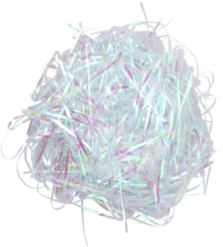 ABOOFAN Papel Triturado Iridiscente Pet 3 Mm Transparente Blanco, Relleno para Cajas y Embalajes, 100 G Bolsa para Decoración de Regalos en Fiestas, Cumpleaños y Navidad