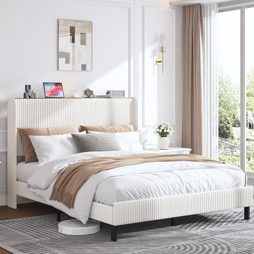 OKMYHOME Polsterbett 160x200 cm Doppelbett mit Bettbank (165 cm Länge, 46 cm Höhe) - Polsterbank mit Hydraulischem Stauraum, Gepolstertes Bettgestell mit Lattenrost aus Metall, Cordstoff, Beige