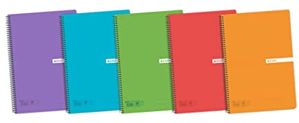 Enri, Cuadernos A5 cuadriculados 4x4, tapa plástico, 80 hojas. Pack de 5 unidades, colores aleatorios