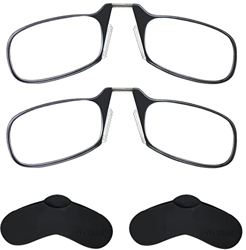 Noble Ultra Slim and Flat Reading Glasses Thin and Flexible Armless (2 Pairs) Enhanced Comfort Nose Rest, Armless Pocket Size Readers with 2 Stick-on Silicone Case Holder (Black, +1.50)
