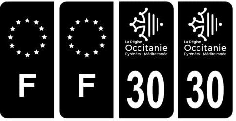 HADEXIA Nummernschild-Aufkleber, französisches Departement 30, Gard Region Okzitanien, Schwarz und F, Frankreich, 4 Stück