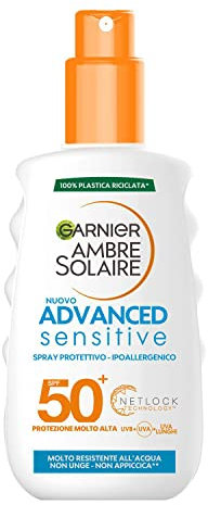 Garnier Ambre Solaire Schutzspray Advanced Sensitive, Gesicht und Körper, mit sehr hohem Schutz, LSF 50+, hypoallergene Formel, beständig gegen Wasser, Salz und Chlor, 200 ml
