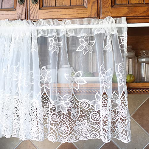 A.Monamour Cortina Cocina Ventana Puerta Corta Pequeña Encaje De Bordado Floral Hueco De Cortina De Gasa Transparente Blanca Bolsillo para Varilla Panel Cenefa Rustica Bistro para Dormitorio Café