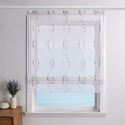 ESLIR Raffrollo Weiß Raffgardine mit Klettband Gardinen Küche Transparent Bändchenrollo Voile Bestickt Landhausstil Braun BxH 120x140cm 1 Stück
