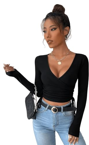 GORGLITTER Dam stickad crop t-shirt magfria toppar djup V-hals långärmad tröja tröjor dam cropped toppar med band, svart, L