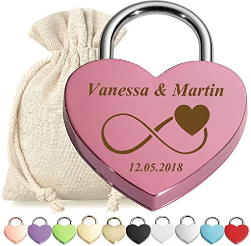 polar-effekt Lucchetto dell'amore rosa con incisione personalizzata, motivo infinito, sacchetto regalo, adatto per matrimonio, anniversario, San Valentino, regalo di coppia, uomo, donna