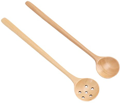 Lot de 2 Cuillères en Bois de Hêtre, Cuillère à Sauce de Style Japonais, Petite Cuillère de Cuisine à Long Manche, Cuillère en Bois à Bouche Ronde pour Remuer, Servir, Convient pour la Cuisine, le Bar