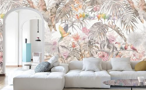 Kalodity 3D Papier Peint Panoramique Jungle Soie Tropicale, 300 X 210 cm Rose Plantes Fleur, Feuille, Oiseau Perroquet Grandes Murales Poster pour Salon, Adulte Chambre d'enfants, Étude Décoration