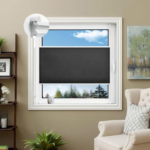 Thermo Plissee Ohne Bohren 90 x 130 cm Verdunklungsplissee Lichtundurchlässig Raffrollo, Fenster Plissee Inkl. Aller Montage-Teile für Schlafzimmer, Schwarz