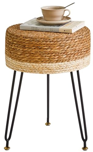 YMYNY sittpall, ottoman, fotpall av naturligt sjögräs och metallben, lantlig stil, handgjord, för sovrum, vardagsrum, 32 × 32 × 45 cm naturlig färg och vit HBD029 W