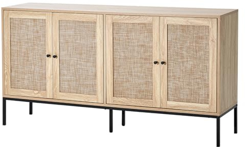 VEVOR Rattan Cabinet, Rattan Storage Cabinet with 4 Magnetic Doors and Adjustable Shelves, Sideboard Buffet Cabinet for Hallway, Entryway, Living Room, or Kitchen, Natural