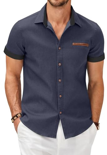 COOFANDY Men's Short Sleeve Denim Shirt Button Up Western Cowboy Casual Jean Shirts Summer Cotton Regular Fit Work Outdoor Beach Wear Dark Blue XXL