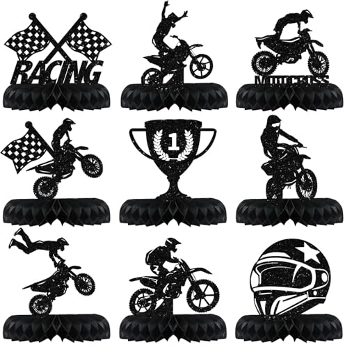 9 Pcs Dirt Bike Party Decorations Motorcycle Birthday Honeycomb Table Centerpiece Glitter Black Racing Theme Birthday Party Supplies Photo Booth Props