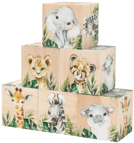 FYSUIMU 6 Pcs Jungle Animal Nursery Decoration 1.6 Inch Watercolor Safari Wooden Box Blocks Cartoon Woodland Party Shelf Decor for Kindergarten Birthday Baby Shower