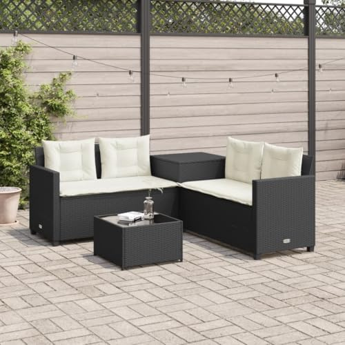 Teenpull Gartensofa L-Form Schwarz Poly Rattan, 4-Sitzer Outdoor Lounge Set mit Stauraum, Couchtisch Glasplatte, Cremeweiße Kissen, UV-beständig, wetterfest für Terrasse, Balkon