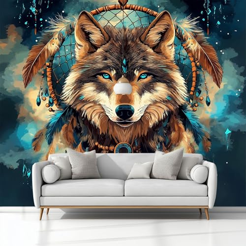 Carta da Parati Fotomurale XXL 250 x 175 cm, Poster Murale 3D in Tessuto Non Tessuto per TV Corridoio e Soggiorno, Decorazione Interni di Grande Blu Terre Esotiche Etnici Teste Di Lupo Acchiappasogni